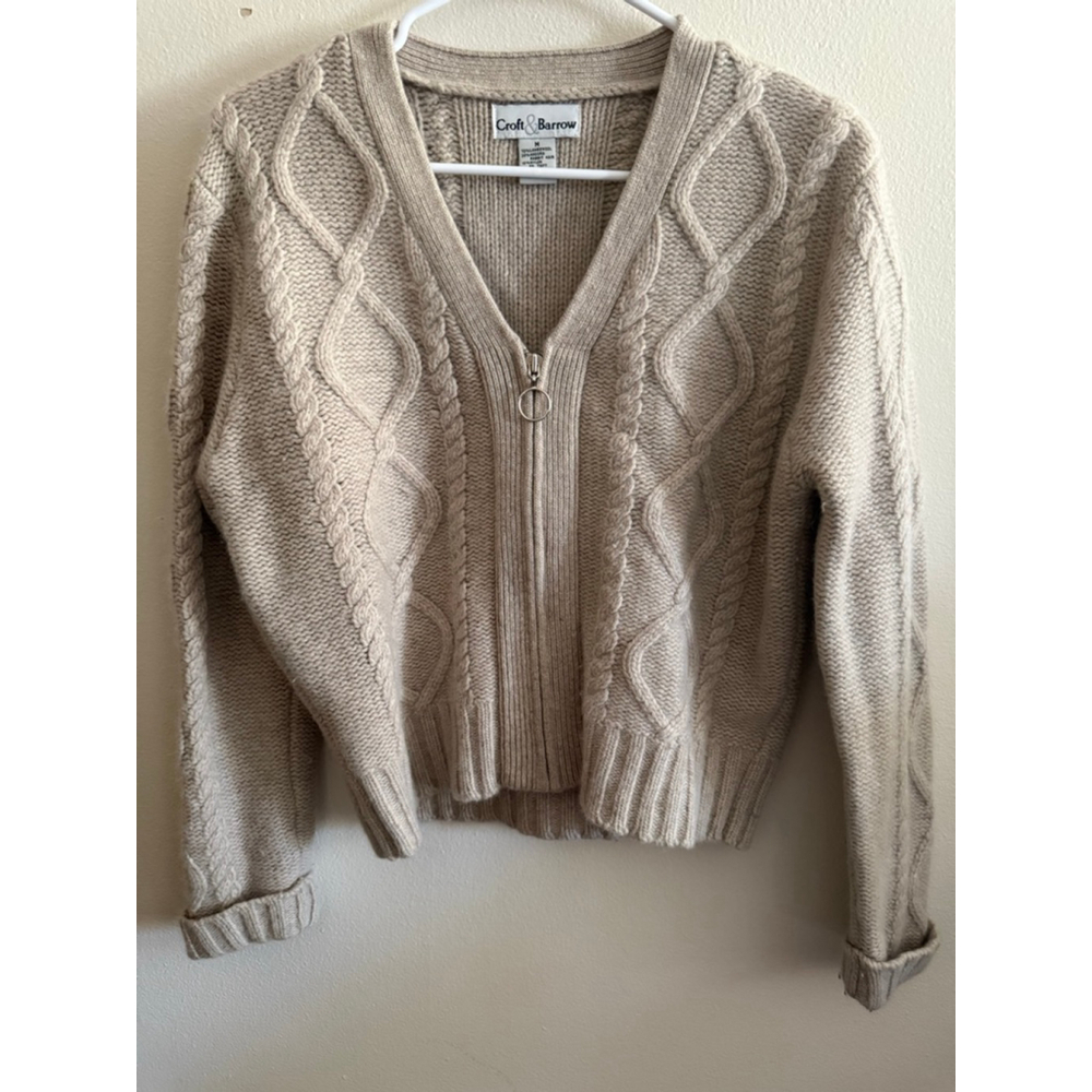 Women's Croft & Barrow Beige Cable Knit Lambswool, Angora Full-Zip Cardigan M